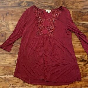 ONE WORLD Embroidered Scoop Neck Tunic - Burgundy